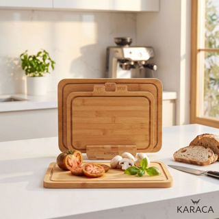 ست تخته گوشت ۳ تایی بامبو با استند مدل آرل - کاراجا Karaca Aral Bamboo Cutting Board Set
