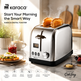 توستر نان دیجیتال 950 وات بدنه استیل - کاراجا (Karaca Digital Toaster Stainless Steel 950W)